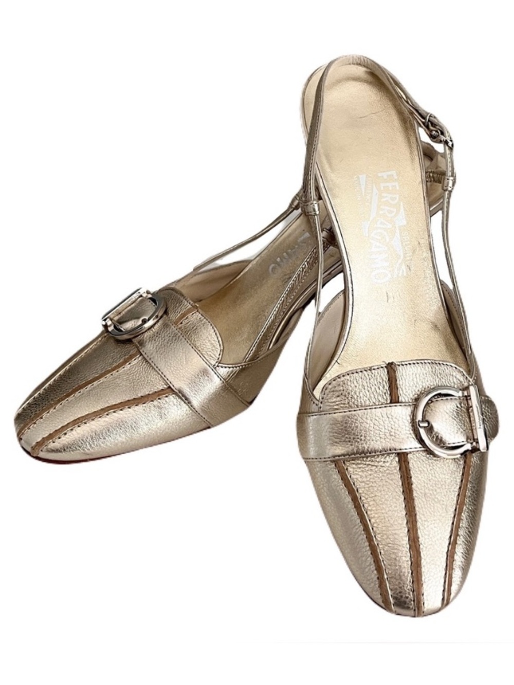 Salvatore Ferragamo Gilver Gold Silver Leather Gancini Slingback Heels, Size 9